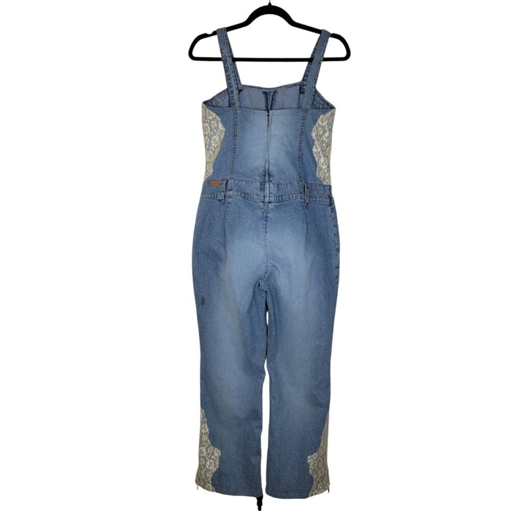 VTG 90s Y2K Fubu Jumpsuit Womens M Chambray Denim Wide Leg Lace Baggy Stretch - Picture 2 of 12